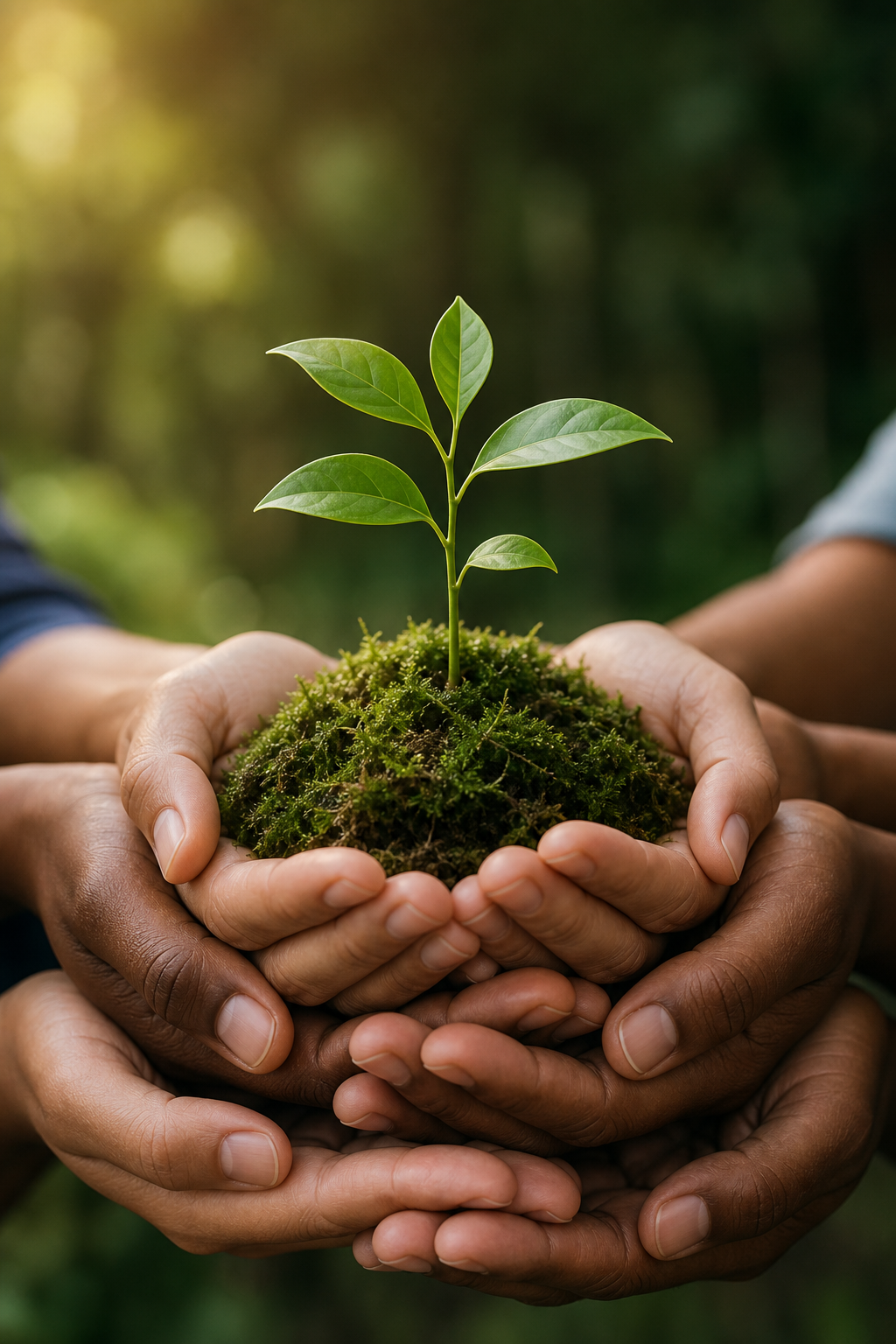 Hands holding a young plant in a bed of moss