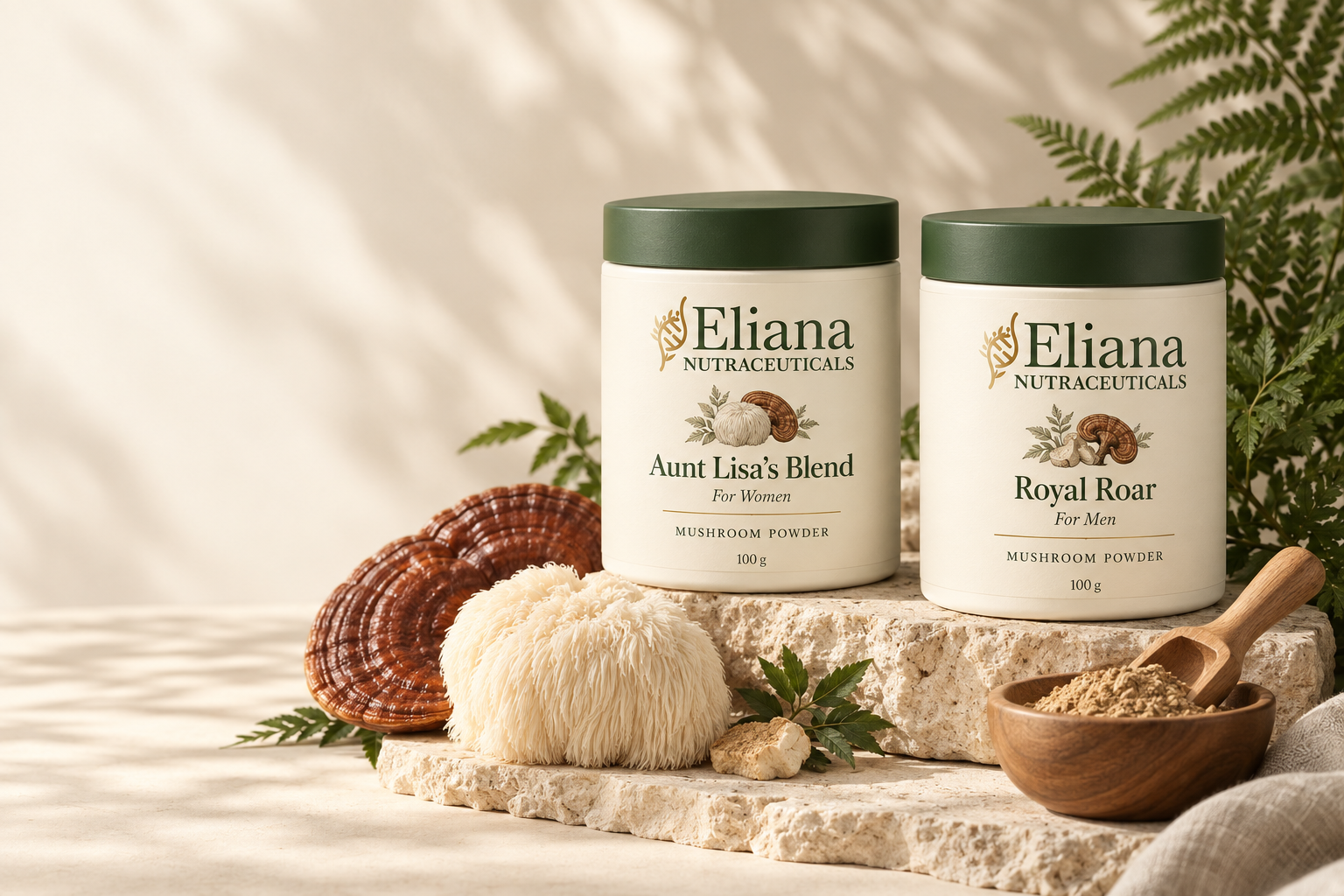 Aunt Lisa’s Blend and Royal Roar mushroom powder packaging concepts with reishi and lion’s mane